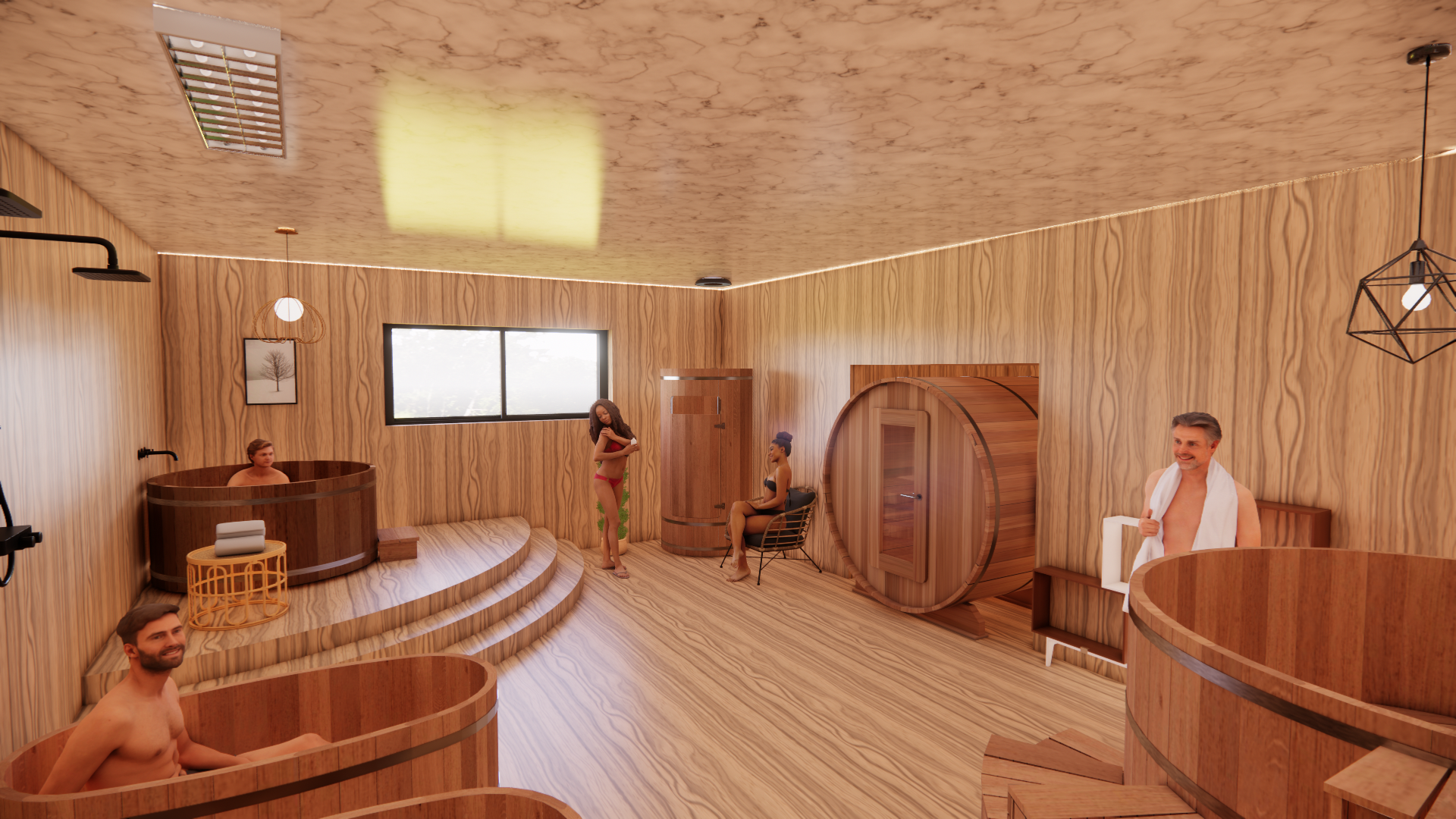 Espace détente dans un centre spa en bois comprenant un sauna, un bain japonais, un bain froid et une baignoire. Installation complète pour un parcours wellness complet.