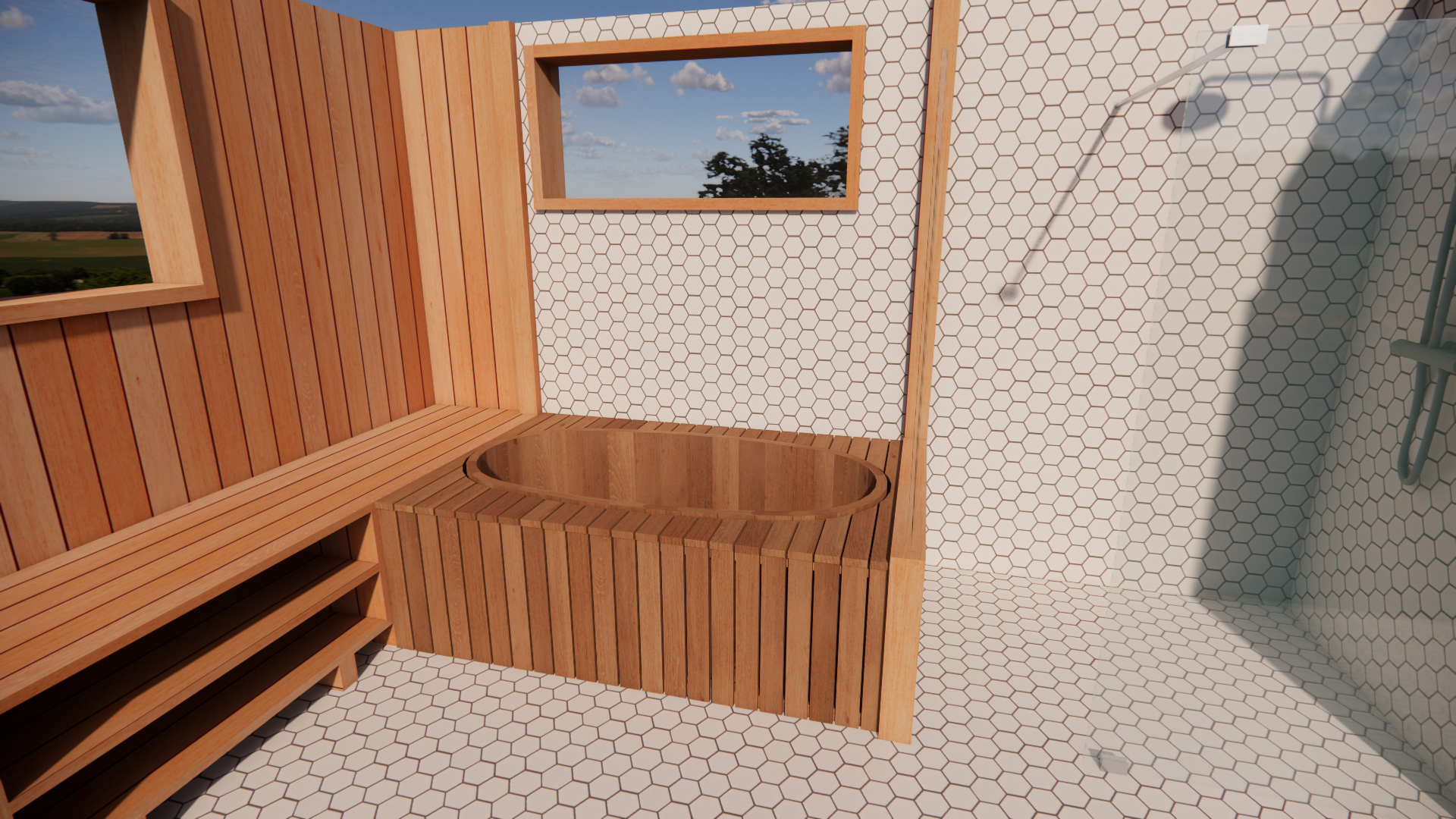 Espace détente dans un centre spa en bois comprenant un sauna, un bain japonais, un bain froid et une baignoire. Installation complète pour un parcours wellness complet.