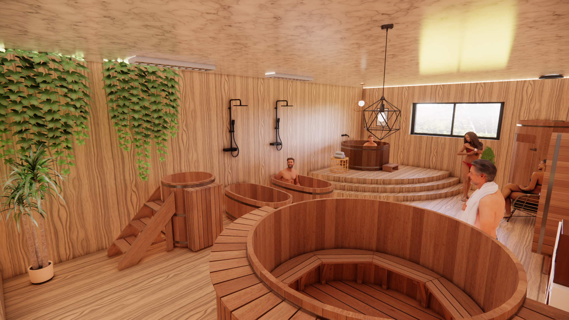 Espace détente centre spa bois sauna bain japonais bain froid