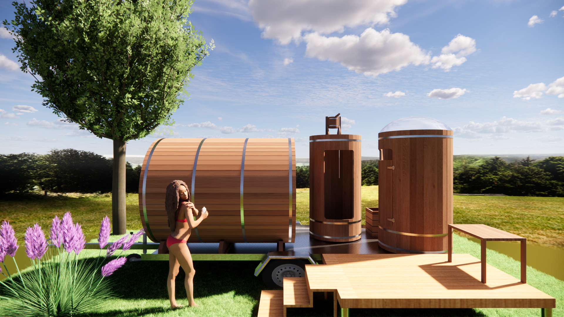 Sauna mobile sur remorque avec douche et vestiaire en bois<br />
