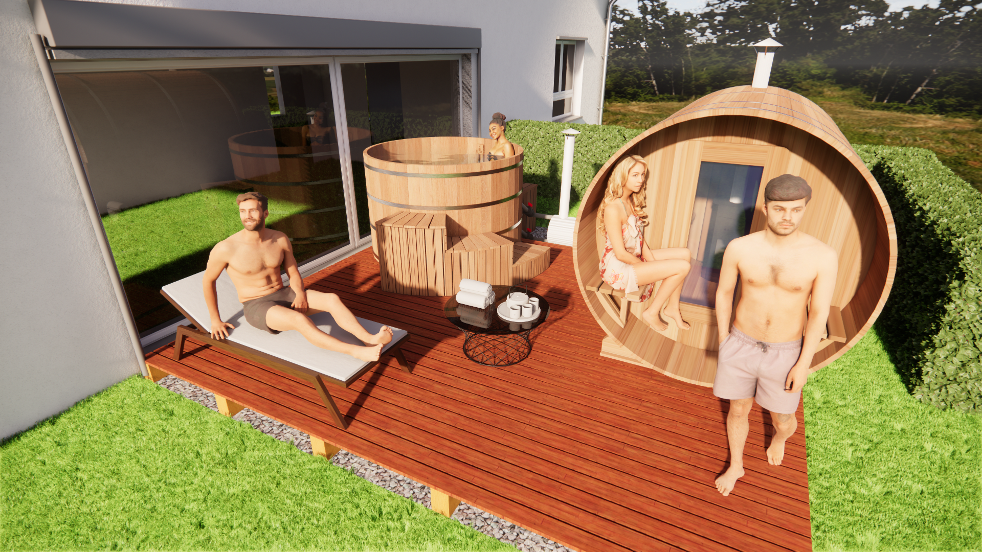 Espace détente dans un centre spa en bois comprenant un sauna, un bain japonais, un bain froid et une baignoire. Installation complète pour un parcours wellness complet.