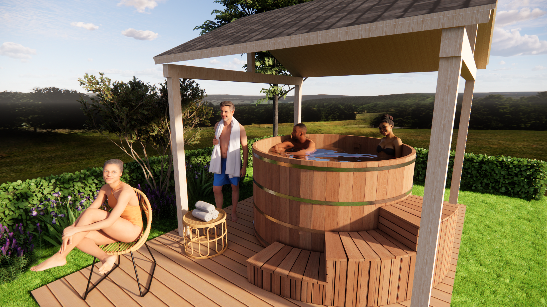 Espace détente dans un centre spa en bois comprenant un sauna, un bain japonais, un bain froid et une baignoire. Installation complète pour un parcours wellness complet.