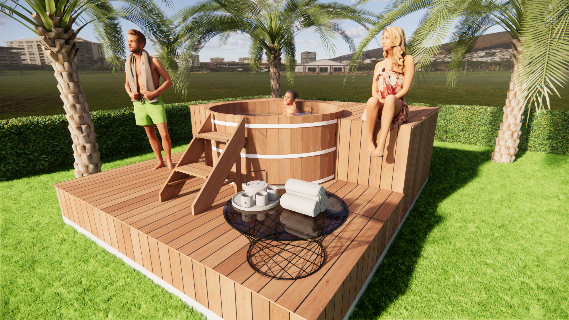 Espace détente dans un centre spa en bois comprenant un sauna, un bain japonais, un bain froid et une baignoire. Installation complète pour un parcours wellness complet.