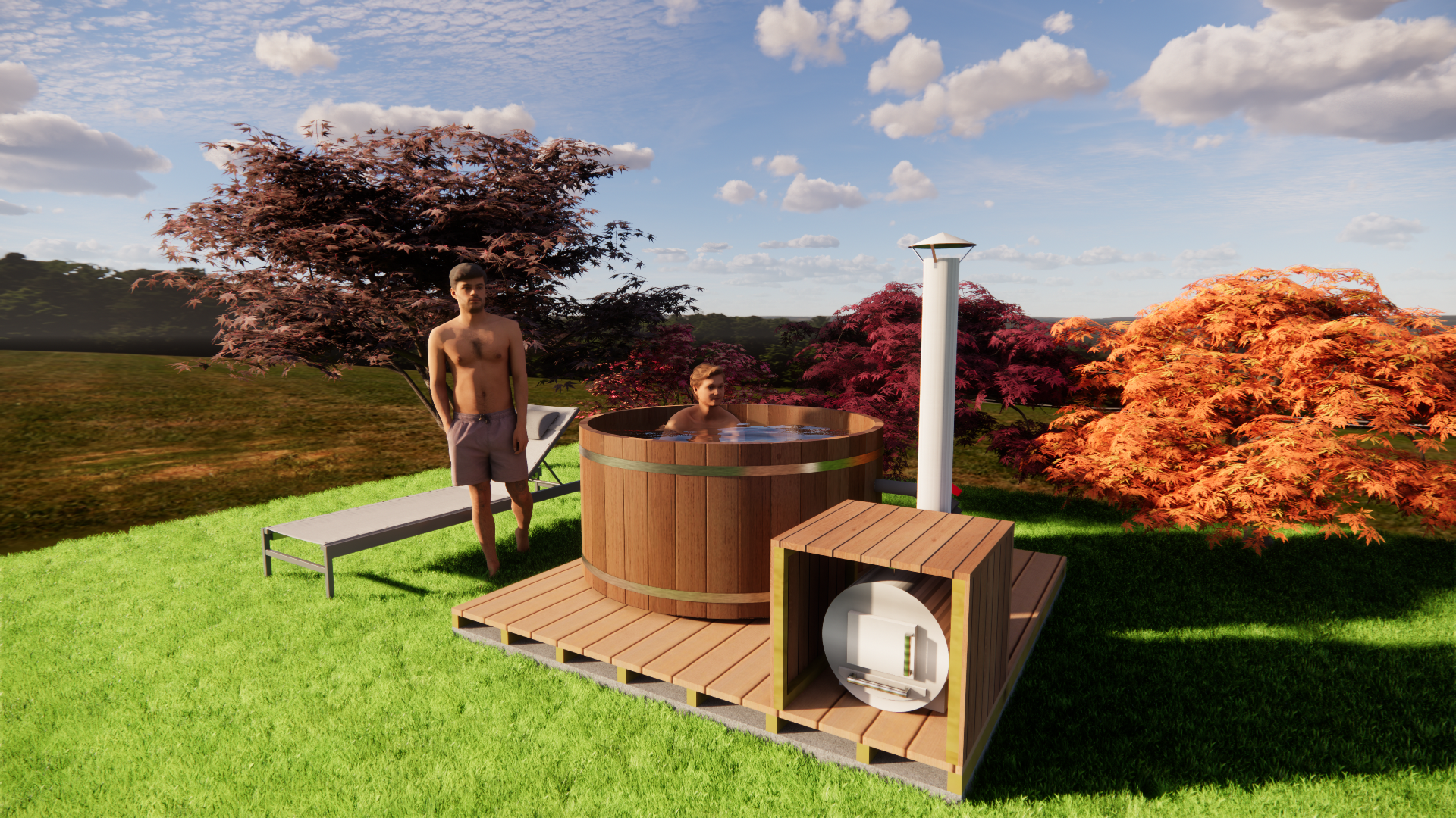 Espace détente dans un centre spa en bois comprenant un sauna, un bain japonais, un bain froid et une baignoire. Installation complète pour un parcours wellness complet.