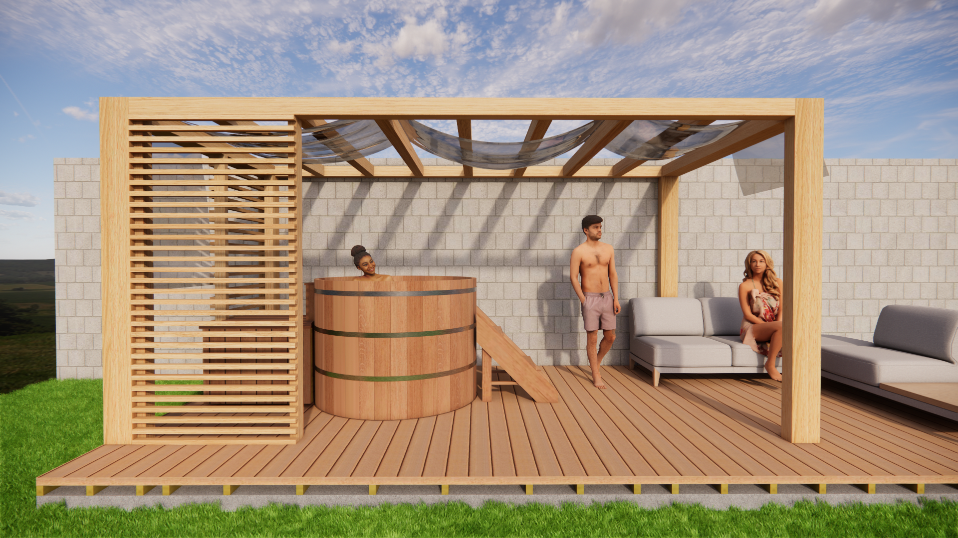 Espace détente dans un centre spa en bois comprenant un sauna, un bain japonais, un bain froid et une baignoire. Installation complète pour un parcours wellness complet.